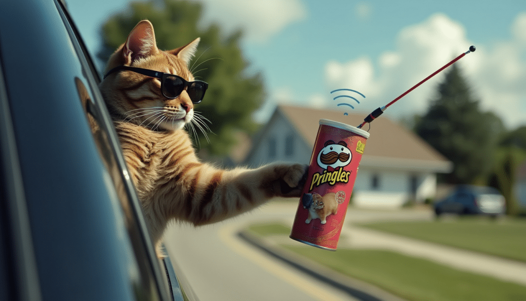 A cat with a pringles can up-cycled to a cantenna.